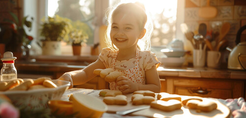 Mother's Day A sunlit kitchen scene with a young girl baking heart-shaped cookies for her mother her smile reflecting pure joy.