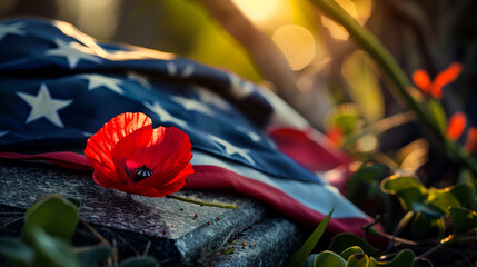 American flag and a poppy flowers with Memorial Day Remember and Honor
