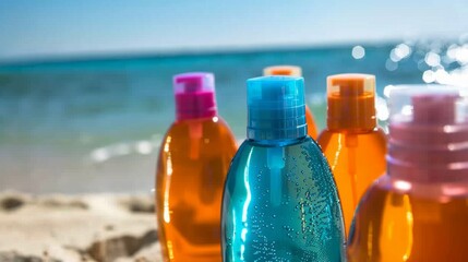 Several bottles are arranged on top of a sandy beach, creating a unique sight against the backdrop of the shoreline.