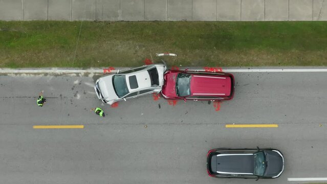 Traffic accident on American street in Florida. Car crash on highway road in USA.
