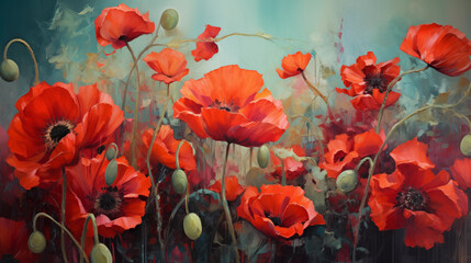 Red poppies in the flower field.