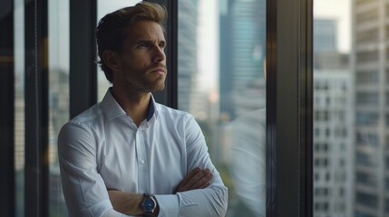 Fototapeta premium A man standing with arms crossed by a window. Suitable for business concept