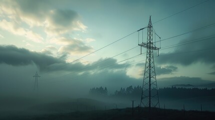A misty field with power lines stretching across the foreground. Suitable for various industrial and rural themes