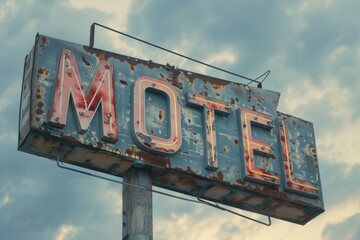 Weathered motel sign on pole with cloudy background. Suitable for travel industry promotions