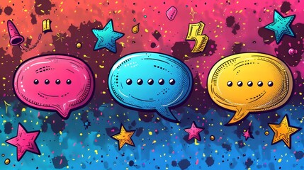 Doodle and speech bubble modern set. Collection of contemporary figures, speech bubbles with text, arrows, brooches in trendy groovy style. Chat design element perfect for banners, prints, stickers.