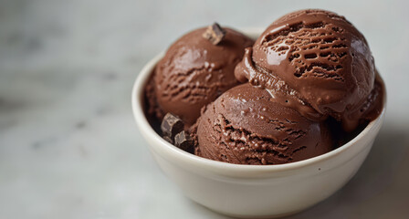 Chocolate Ice Cream Drizzled with Chocolate Sauce and Sprinkled with Chocolate Pieces, Served in a Modern Bowl