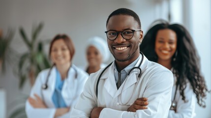 Fototapeta premium A group of doctors, with a Black male doctor in the foreground, are smiling and standing with their arms crossed.