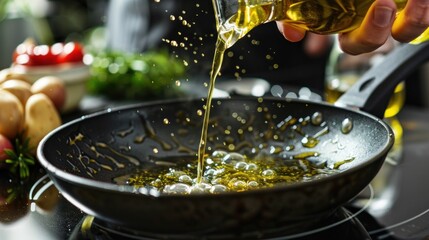 Closeup chef hand cooking, pouring some vegetable oil into frying pan in kitchen. Generated AI image