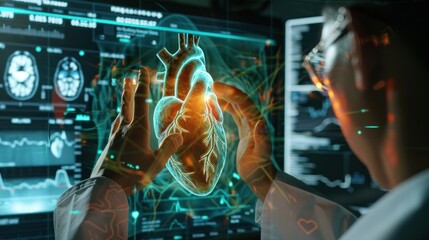 Closeup cardiologist doctor hand touching and examine virtual screen medical technology. Generate AI