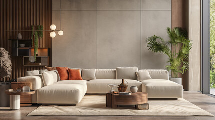 Sala de estar com sofá e mesa moderno - wallpaper HD - obrazy, fototapety, plakaty
