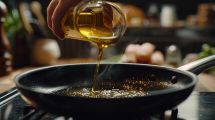 Closeup chef hand cooking and pouring vegetable oil into frying pan in kitchen. Generated AI image
