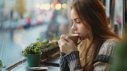 Mulher tomando uma xícara de café em uma cafetaria ao lado de uma janela - wallpaper HD