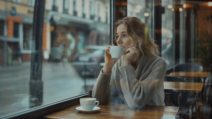 Mulher tomando uma xícara de café em uma cafetaria ao lado de uma janela - wallpaper HD
