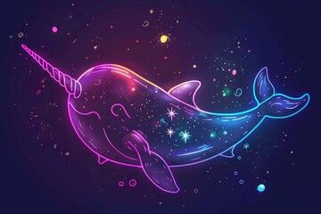 Cute cartoon narwhal with a magical unicorn horn. Perfect for children's books or fantasy illustrations - obrazy, fototapety, plakaty