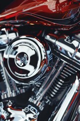 Fototapeta premium Detailed view of a motorcycle engine with a skull decoration, suitable for automotive themes