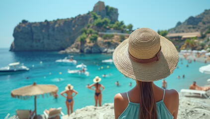 Girl in hat background sea and mountains. Young, happy female traveler sun and freedom journey. Standing alone, tropical ocean, joy in sunlight. Relaxation and enjoyment, portrait happiness. - Powered by Adobe