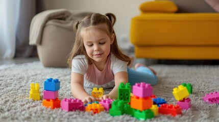 Portrait a happy girl playing colorful toy blocks plastic in living room. Generated AI image