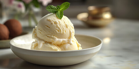 Classic Vanilla Ice Cream Scoop Garnished with Fresh Mint