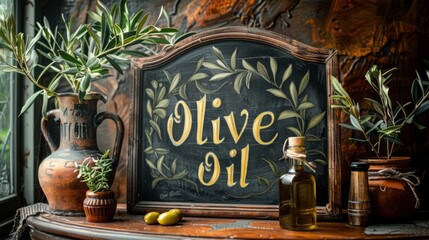 vintage kitchen decor, charming vintage chalkboard with elegant calligraphy saying olive oil, perfect for kitchen or dining room decor