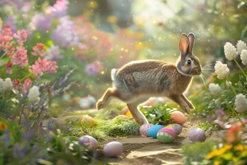 Cute happy big bunny with fluffy brown fur jumping over piles of colorful easter eggs. Playful rabbit with long ears hopping and surrounded with easter egg at garden with tree and green grass. AIG42.