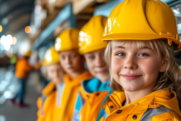 A group of children wearing yellow hard hats are smiling for the camera