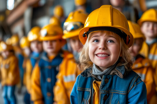 A group of children wearing yellow helmets