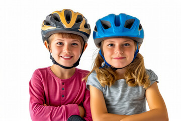 Couple of kids wearing helmets on top of white background in front of white background.