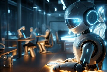 Robot works in an office among people. IT team of the future. The concept of artificial intelligence and people working in the future