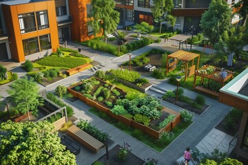 Innovative multifamily home courtyard design, integrating green spaces, a shared vegetable garden, and a playground.