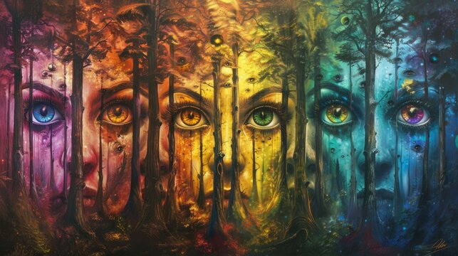 psychedelic nature art, the vivid rainbow eyes in the forest mimic psychedelic visuals, portraying altered states of consciousness and hallucinations with vibrant colors