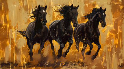 Fototapeta premium Oil painting of three black horses running, with a gold and beige color palette 