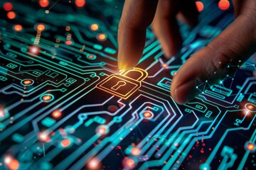 High tech security and protected servers integrate holographic interfaces for lock coding, cybersecurity protocols guard against ransomware and digital intrusions.