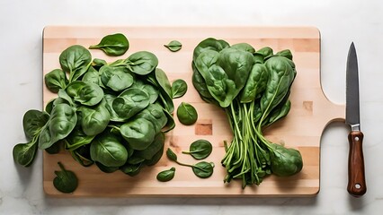 Cooking Essentials: Spinach, Knife, and Cutting Board in Kitchen