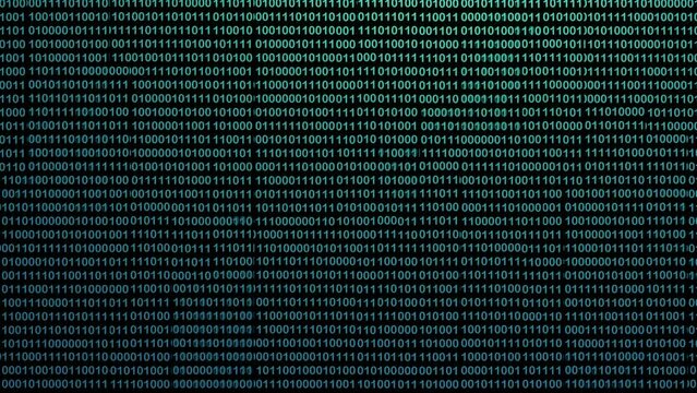 Abstract binary code background. Cyber reality, big data and artificial intelligence pattern. Numbers 0 1 displayed on computer screen. 4K video animation 3d rendering.