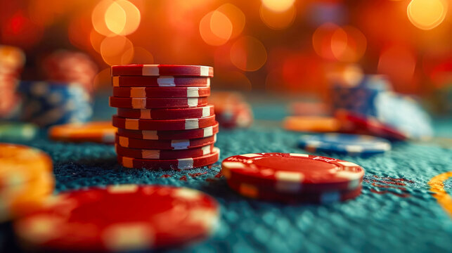 Casino gambling chips on green table with bokeh background