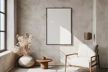 Minimalist Nomadic Interior with Framed Wall Mockup Showcasing Serene and Stylish 3D Rendering