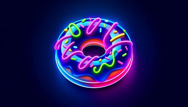  Colorful neon lit donut glowing against a dark background. National Donut Day