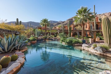 Luxurious desert haven with a sprawling lagoon-style swimming pool, nestled among native cacti and palm trees.