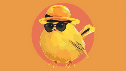 Bird with glasses and hat on a yellow background