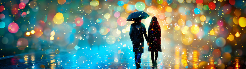 Amidst the gentle patter of raindrops, a couple strolls intimately, their figures illuminated by the warm glow of streetlights, sharing an umbrella as they navigate the quiet, glistening streets