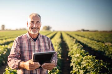 Caucasian Farmer man using digital tablet with over greenery vegetable field background, nature. Agricultural business payments, analytics. Harvest crop statistic, monitoring store app, forecast