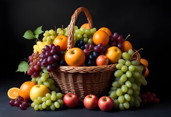  A wicker basket filled with an assortment of fresh fruits , including grapes, apples, oranges , against a dark background
