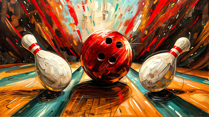 A painting of three bowling pins and a red ball