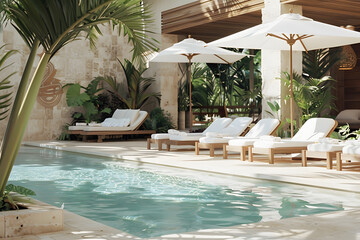 Fototapeta premium Swimming pool and sun loungers at stylish tropical spa hotel, summertime banner mockup. Summer travel sales and vacation concept.