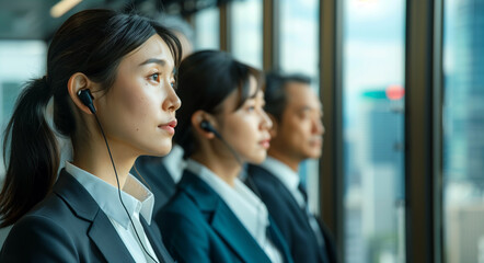 Obraz premium Professional Asian customer service team in modern office.