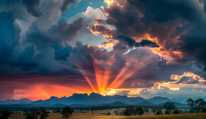 Naklejka premium panoramic view of the sky at sunset, with dark storm clouds rolling in from behind and golden rays peeking through them 