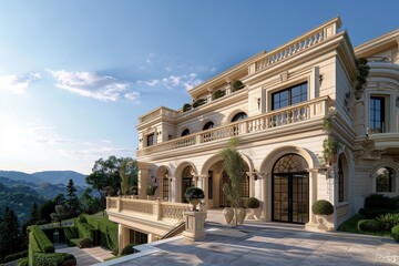 Luxurious mansion on a hill, combining classic and contemporary design elements.