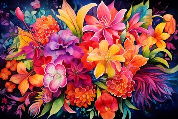 Colorful flowers, watercolor illustration