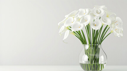Bouquet of white calla flowers in a glass vase