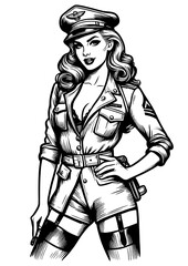 Obraz premium pin-up girl dressed in a military uniform, projecting confidence and allure sketch engraving generative ai fictional character PNG illustration. Scratch board imitation. Black and white image.